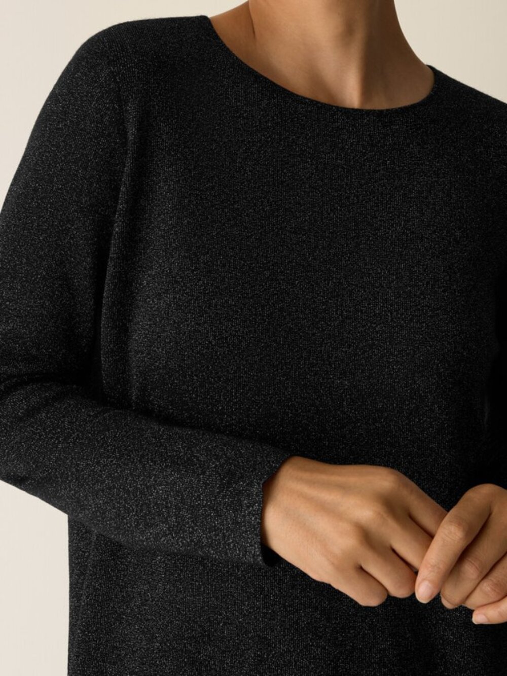 NWT Eileen Fisher Black Extra Fine Merino/Metallic Crew Neck Top